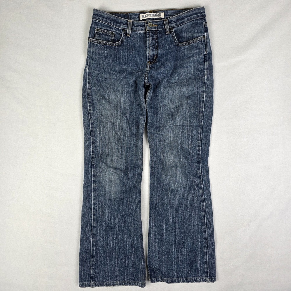Vintage Y2k Express Flare Jeans Womens 9/10 32x29 Blue Denim Fade Grunge